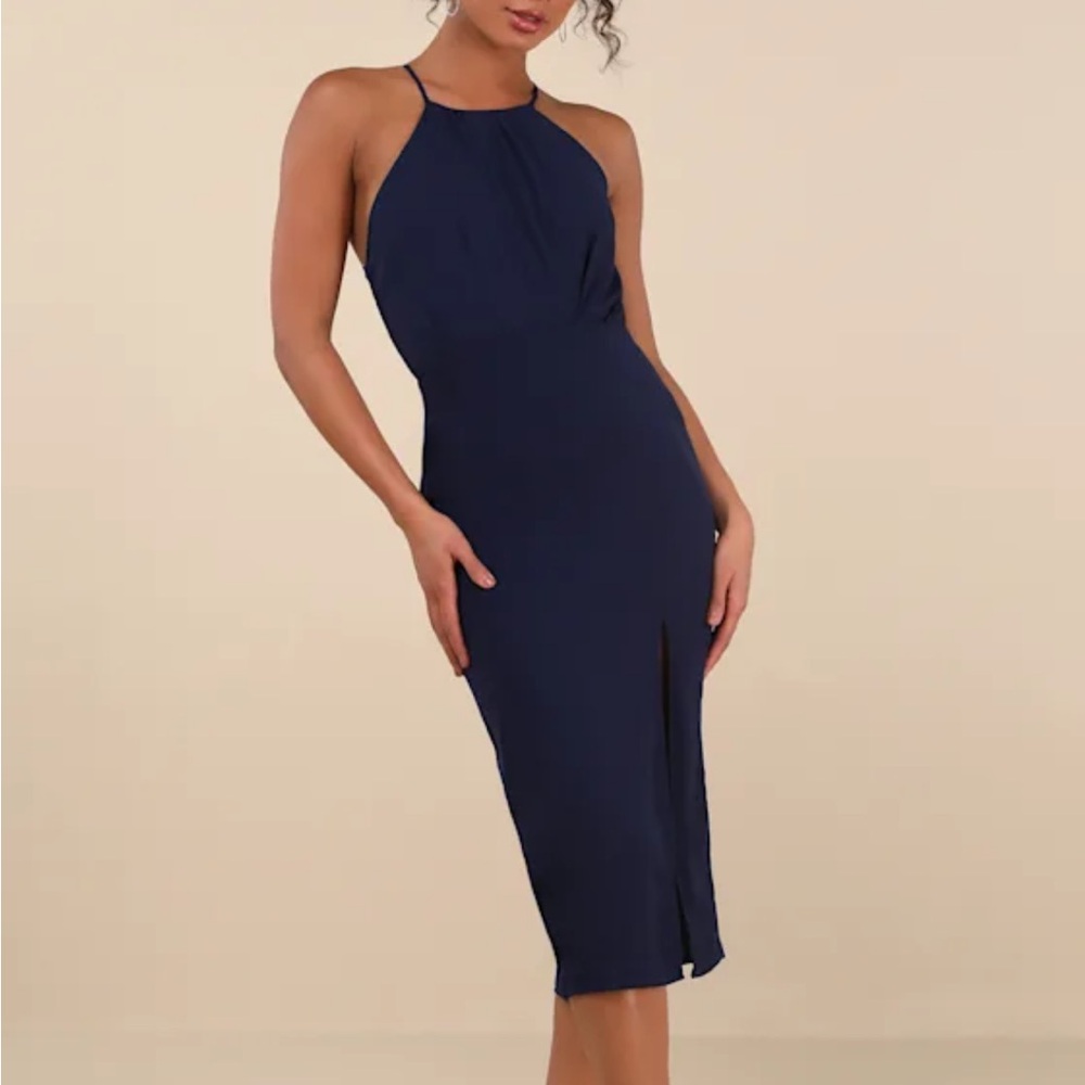Lulu's Midnight Blue Sleeveless Halter Midi Dress